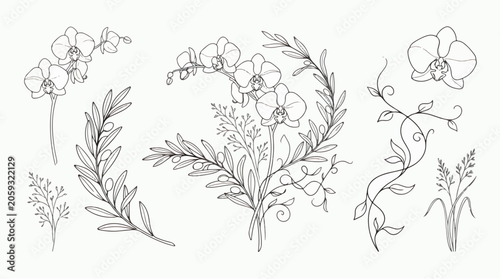 Fototapeta premium Minimalist orchid flower line art collection, elegant botanical floral sketches, black and white tropical plant vector set for wedding invitations