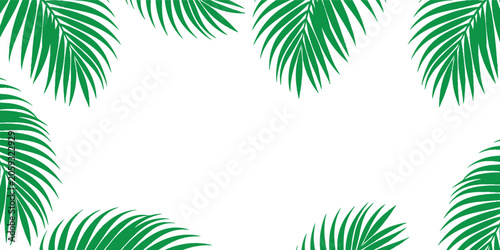 Tropical palm leaf border frame with green botanical foliage. Fresh nature inspired background featuring elegant copy space. Decorative jungle design ideal for invitations, banners and summer themed .