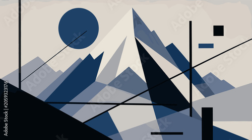 Bilde på lerret Modern abstract art depicting a mountainous landscape with geometric shapes and a minimalist color palette