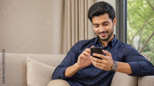 A young man with a beard and dark hair, wearing a blue collared shirt and a watch, smiles while engrossed in using his smartphone while comfortably seated on a plush sofa in a well-lit living