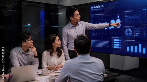 Diverse group of business professionals collaborating around a large interactive screen displaying intricate AI analysis charts and graphs, presenting data-driven insights in a dynamic office
