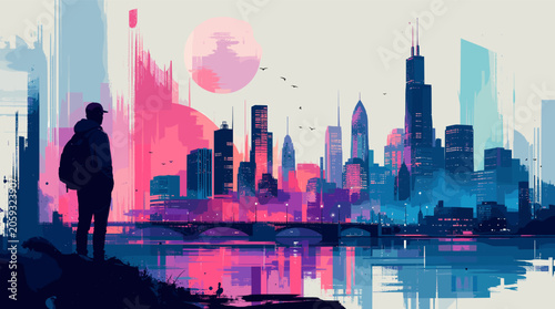 Obraz na plátně A lone figure stands on a shore, gazing at a vibrant, abstract cityscape reflected in the water under a pink moon