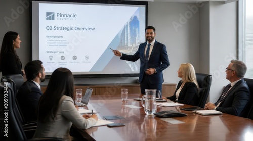 A confident male executive in a dark suit enthusiastically presents a compelling quarterly strategic outlook to a diverse team of attentive professionals gathered around a polished conference