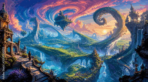 Photos A breathtaking fantasy landscape with floating islands, cascading waterfalls, and surreal, swirling skies