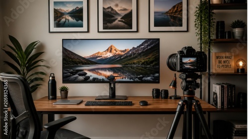 A high-tech workstation artfully displays a breathtaking mountain landscape on its large monitor, complemented by a professional camera on a tripod, suggesting creative workflow and visual
