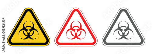 Toxic sign. Toxic, Nuclear, Danger and Warning sign icons set in yellow red and grey color. Universal sign for toxic and hazardous materials. Vector illustration.