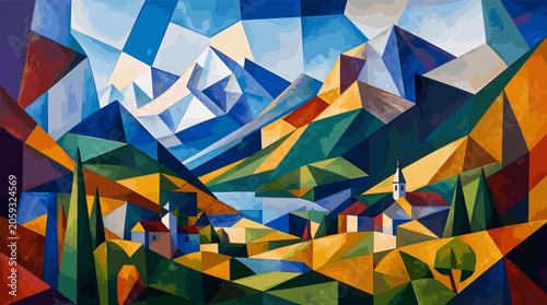 Valokuva Vibrant Cubist Landscape Painting of a Mountain Village with a Lake and Snow-Capped Peaks