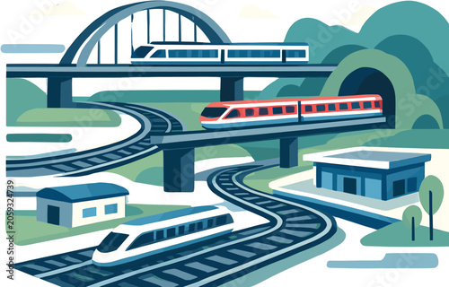Fotografie Modern high-speed trains traveling on elevated tracks and through tunnels, showcasing advanced transportation infrastructure