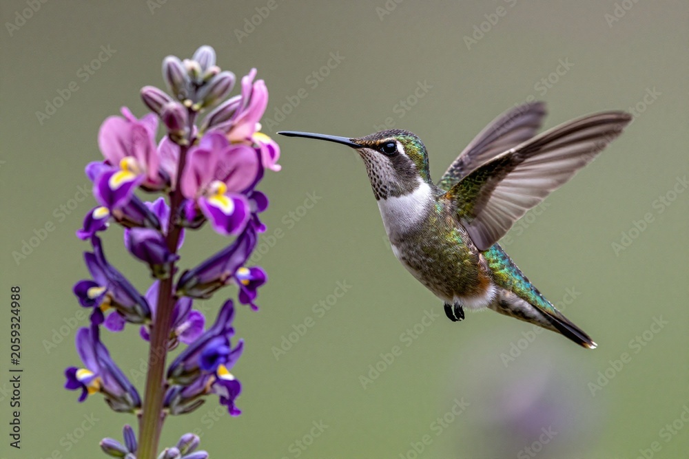 Fototapeta premium A hummingbird is flying near a flower. 