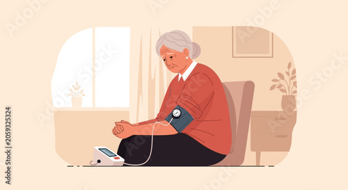 Elderly Woman Checks Blood Pressure at Home with Monitor