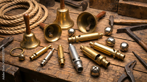 bells and whistles on workbench with tools