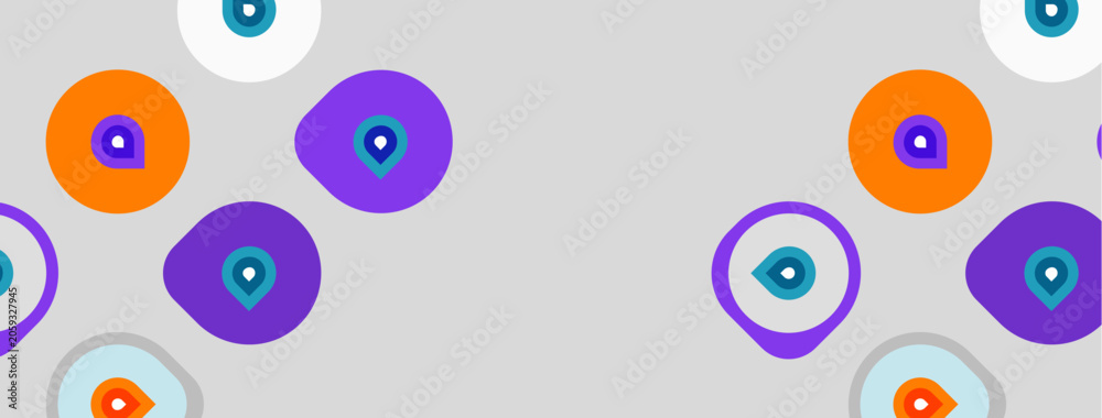 Fototapeta premium Abstract pattern features colorful circles, squares with pinpoint markers. Background is light gray. Simple design, modern aesthetic.