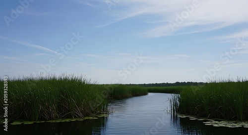 Tranquil marshland waterway with tall green reeds under a clear blue sky