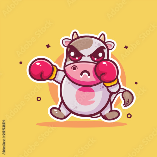 serious cow animal character mascot playing boxing sport isolated cartoon