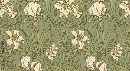Art Nouveau floral pattern with iris and lily flowers, vintage botanical wallpaper in sage green and cream, elegant seamless textile design