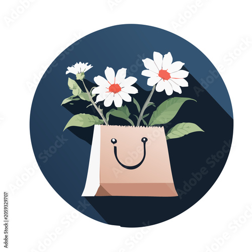 Shopping bag with daisies in flat design style