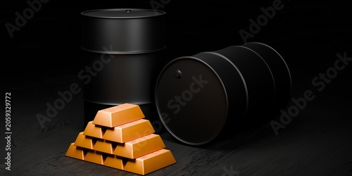3D render of gold bars and oil barrels on dark background, commodities, investment and energy market concept