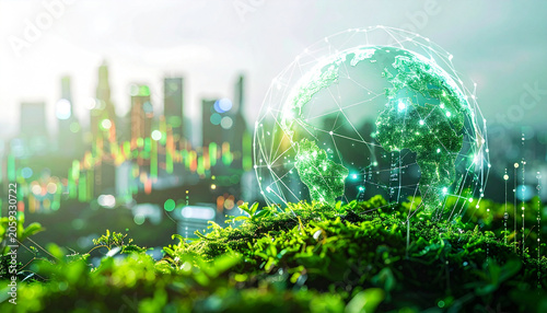 Eco-futuristic Metropolis: A vibrant, glowing planet Earth, intertwined with a network of digital connections, sits atop lush greenery.