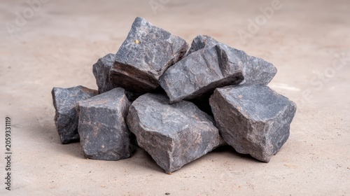 A stack of gray granite cobblestones on a concrete background