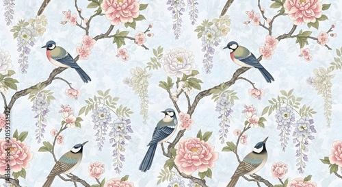 Vintage floral seamless pattern with birds on branches, elegant chinoiserie wallpaper with pink roses and wisteria, romantic botanical textile background