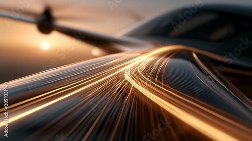 Aerodynamic glowing lines flowing over modern aircraft wing abstract aviation and futuristic transport