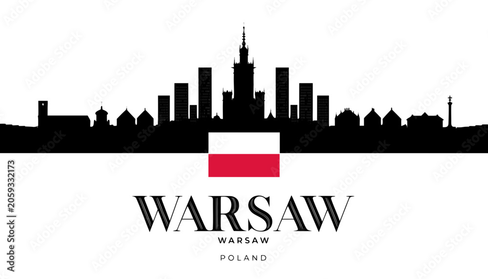 Obraz premium Vector illustration of Warsaw skyline in black silhouette, with “WARSAW” text, on white background, modern city identity and tourism design