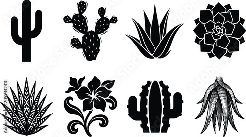 Slika na platnu Desert cactus and succulent silhouette vector bundle featuring saguaro, agave, p