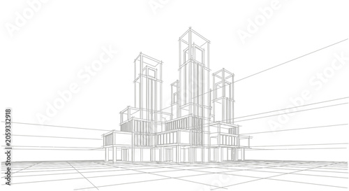 Architectural wireframe sketch of a modern skyscraper complex with perspective grid