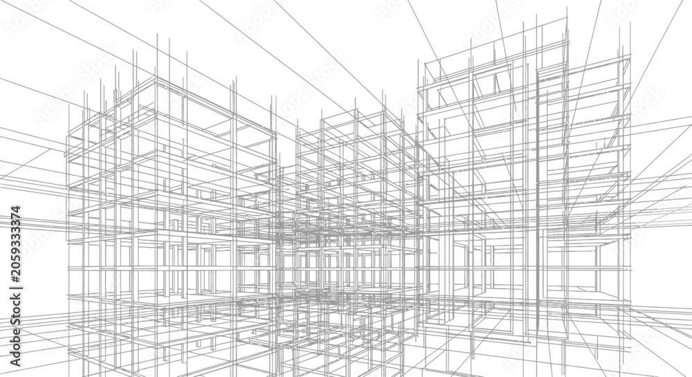 Obraz premium Technical architectural wireframe model of a modern city building complex construction design project