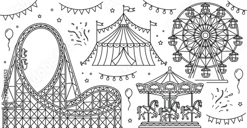 Schilderij op canvas Amusement park vector icon set featuring roller coaster circus big top tent ferr