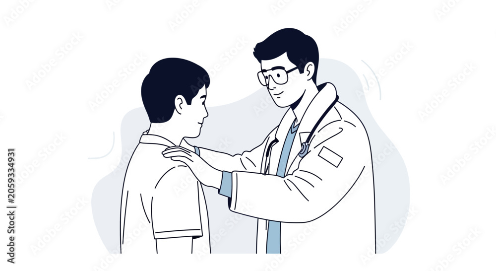 Obraz premium Doctor reassuring young patient, vector illustration. Healthcare, medical consultation, and trust.