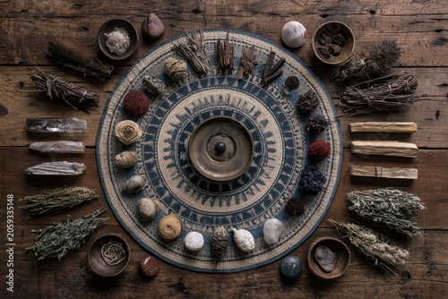 Mystic altar ritual tools arranged in a circular mandala on rustic wood in a moody flat lay for holistic wellness and spiritual branding