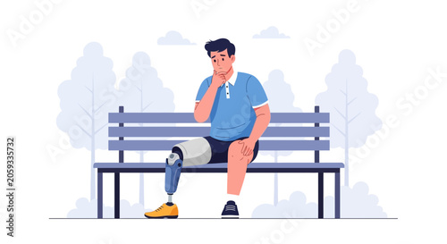 Man with prosthetic leg sitting on park bench, looking thoughtful and concerned