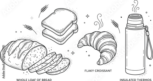 Fotografie Bakery line art vector set with whole loaf bread sliced toast flaky croissant in
