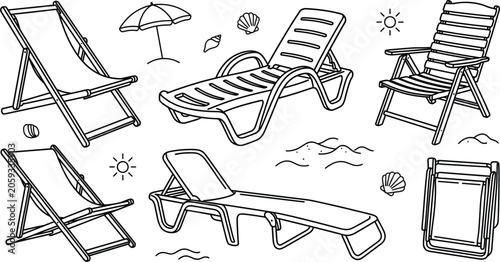 Foto Beach chair vector illustration set line art drawing with folding deck chairs su