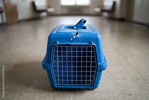 Blue hard plastic pet carrier with a dangerously cracked top handle base