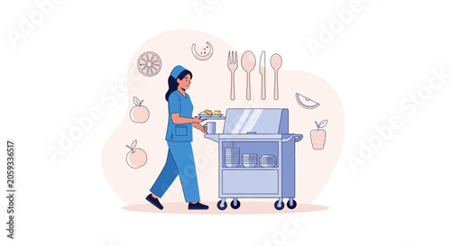 Nurse Pushing Food Cart with Meals and Utensils, Hospital Service Concept