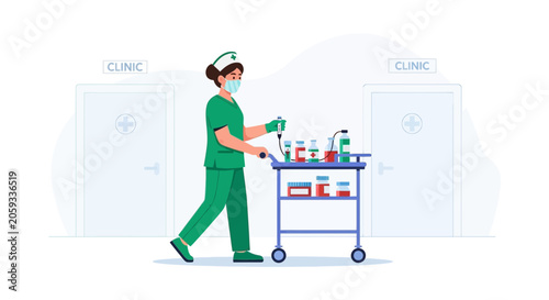 Nurse pushing medical cart with supplies through clinic hallway