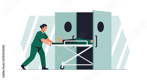Nurse pushing patient on gurney into operating room, medical illustration, clean design style