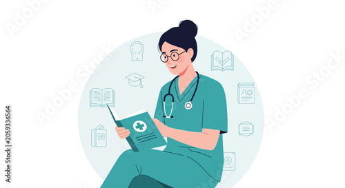 Nurse Reading Medical Book with Healthcare Icons in Background