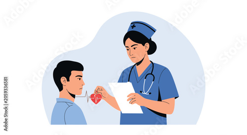 Nurse Showing Heartbeat Symbol to Patient, Vector Illustration of Healthcare and Medical Care