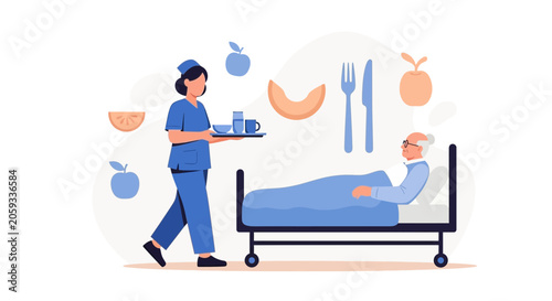Nurse Serving Meal to Elderly Patient in Bed: Healthcare, Caregiving, and Nutrition Concept Vector Illustration