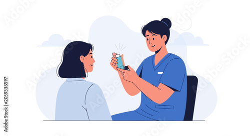 Nurse shows patient inhaler for asthma relief, healthcare consultation, medical advice, respiratory treatment, doctor explaining medicine