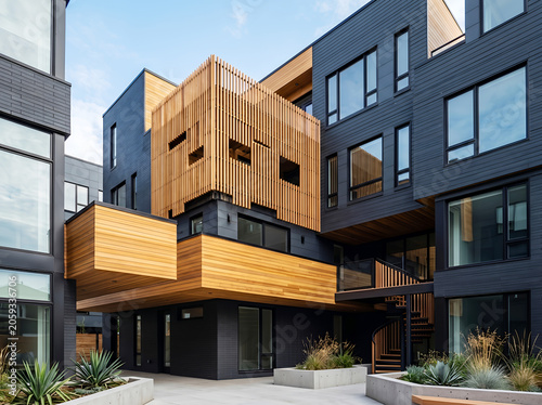 Modern apartment building with wood accents and large windows modern architecture