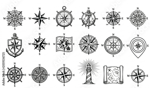 Photography Vintage Compass Icon and Wind Rose Vector Collection with Decorative Nautical Sy