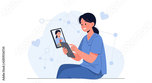 Nurse video calling patient on tablet, telehealth concept, flat design illustration