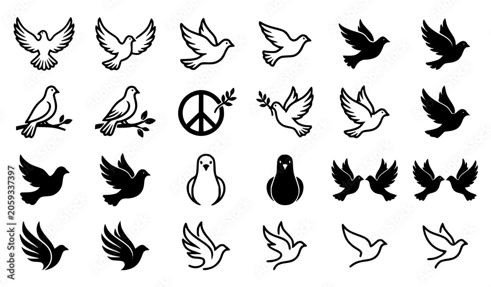 Fototapeta premium Premium Dove Bird Vector Collection with Peace and Flying Symbols