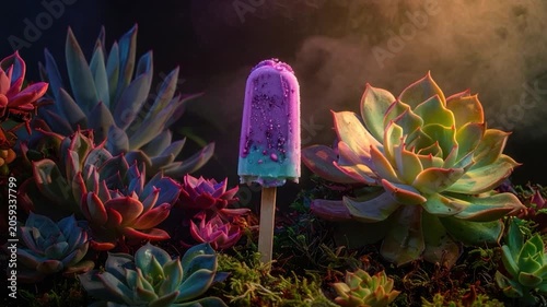 A popsicle on a stick amid an arrangement of vibrant succulents, with smoke