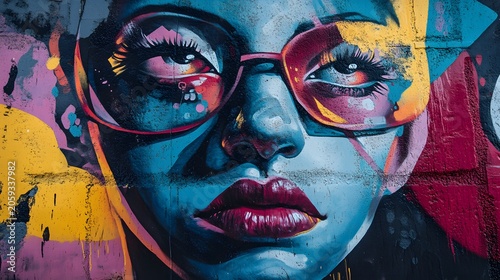 Vibrant street art mural of a woman with glasses, reflecting colorful modern urban expression.