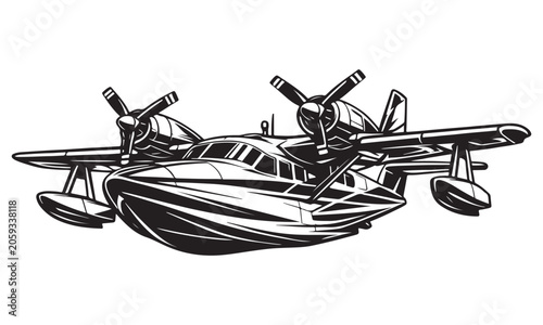 Schilderij op canvas Amphibious aircraft silhouette, land and water airplane, vector isolated on whit